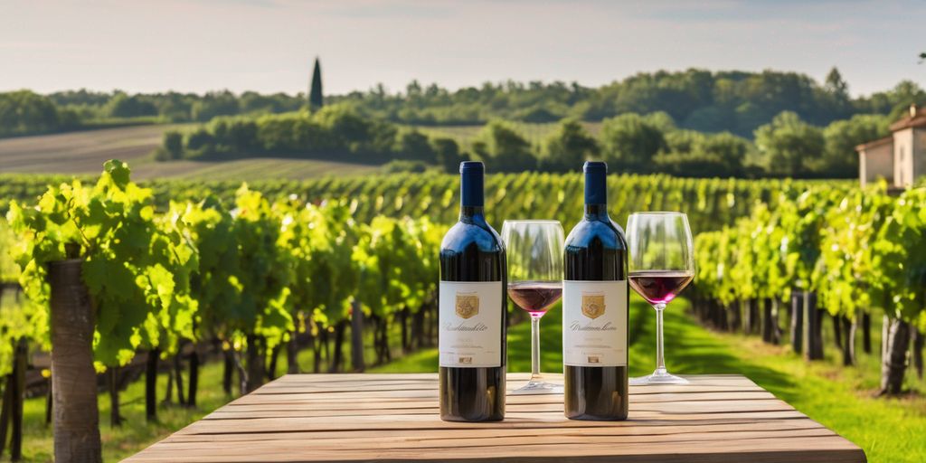 vineyard in Bordeaux region with wine bottles and glasses