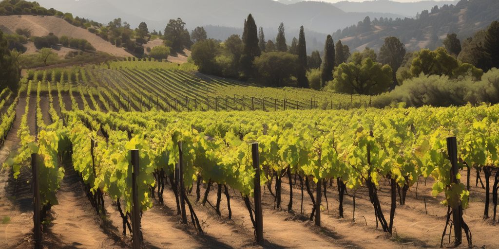 vineyard in Napa Valley with wine bottles and glasses