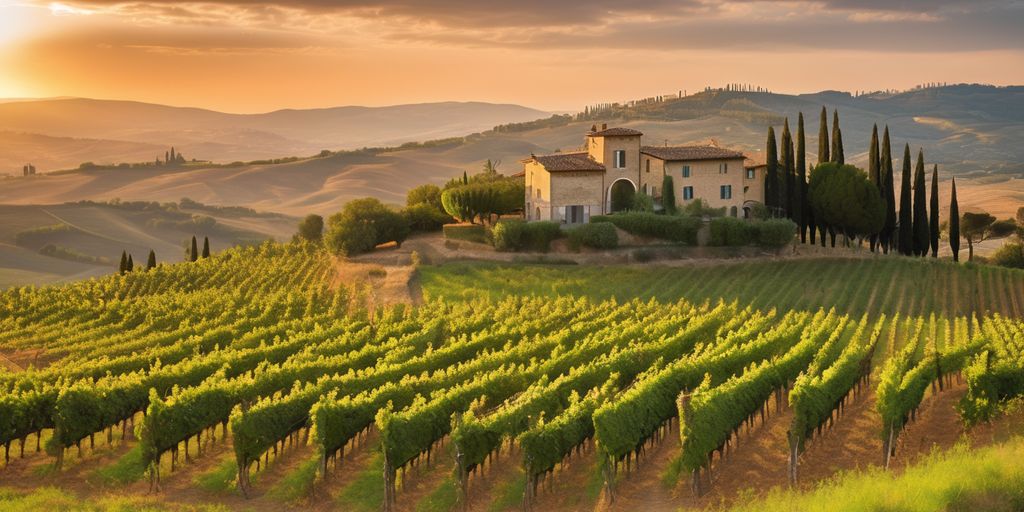 vineyard in Tuscany with rolling hills and sunset