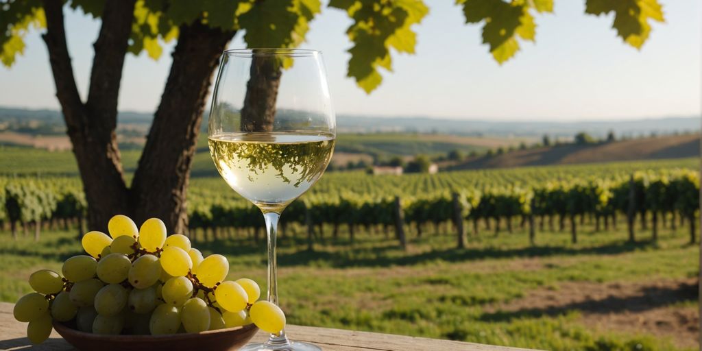 Glass of Gewürztraminer wine, grapes, vineyard in background.