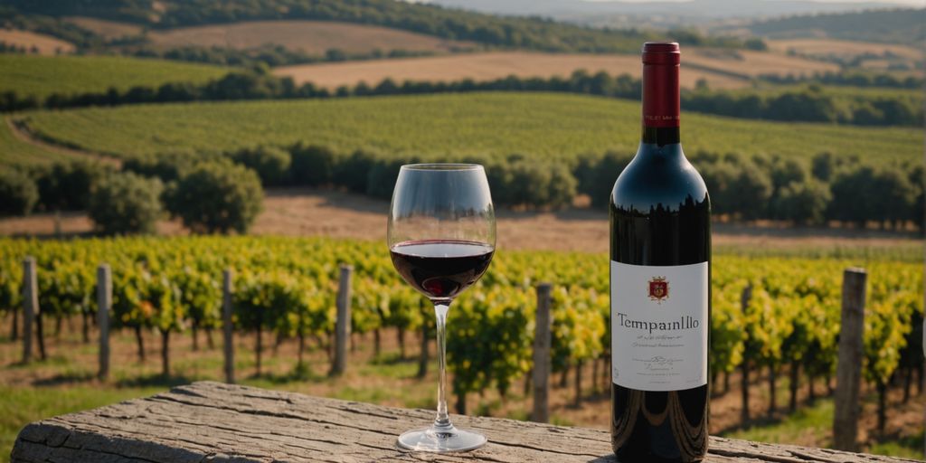 Tempranillo wine bottle in Spanish vineyard landscape.