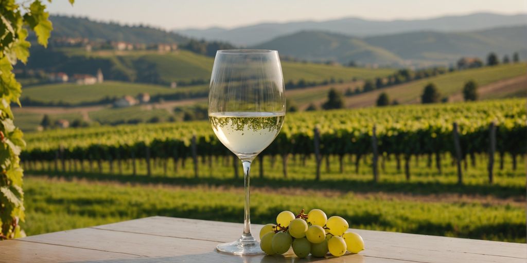 Glass of Pinot Grigio in vineyard setting