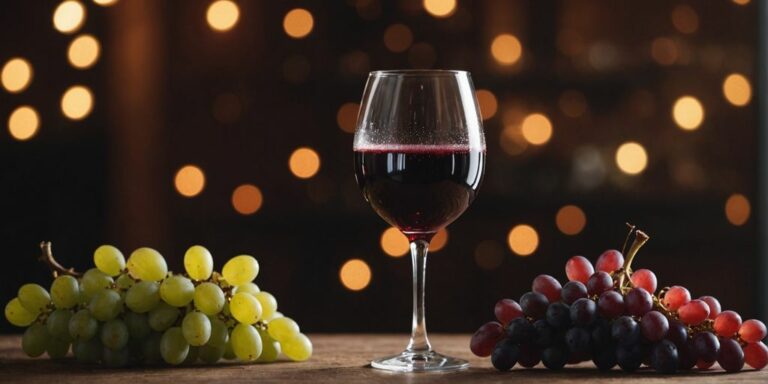 Sparkling red Lambrusco wine and grapes on a table.