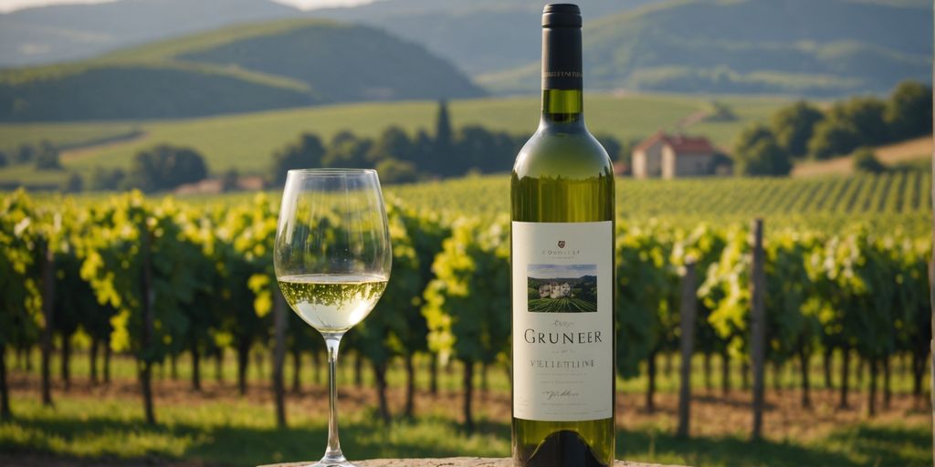 Gruner Veltliner wine bottle in lush vineyard setting