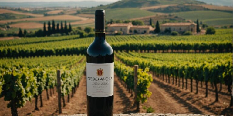 Nero d'Avola wine bottle in Sicilian vineyard setting.