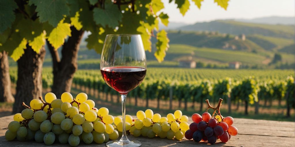 Glass of Muscat wine with grapes and vineyard view.