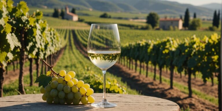 Chenin Blanc wine glass with vineyard and grapes.