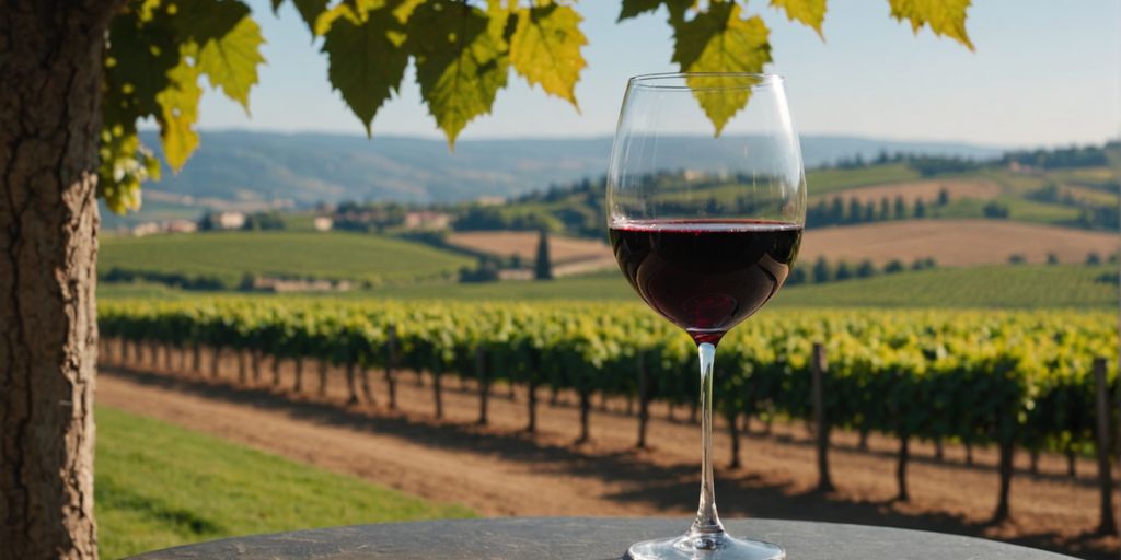 Glass of Merlot wine in vineyard setting