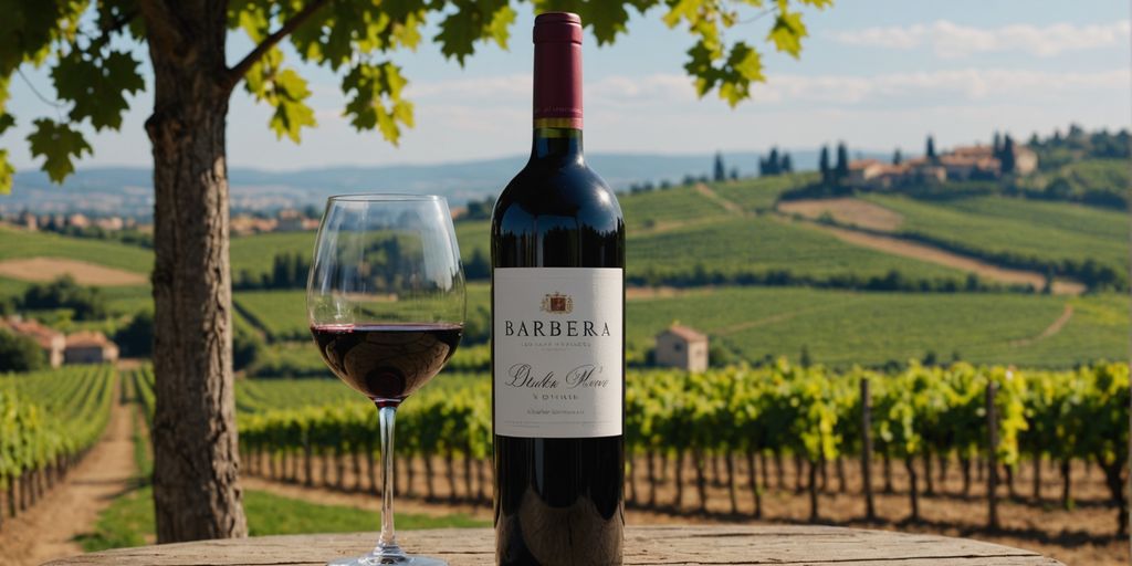 Barbera wine bottle in front of vineyard landscape.