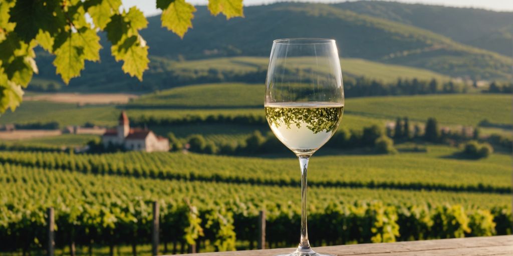 Riesling wine glass in vineyard, showcasing wine's origin