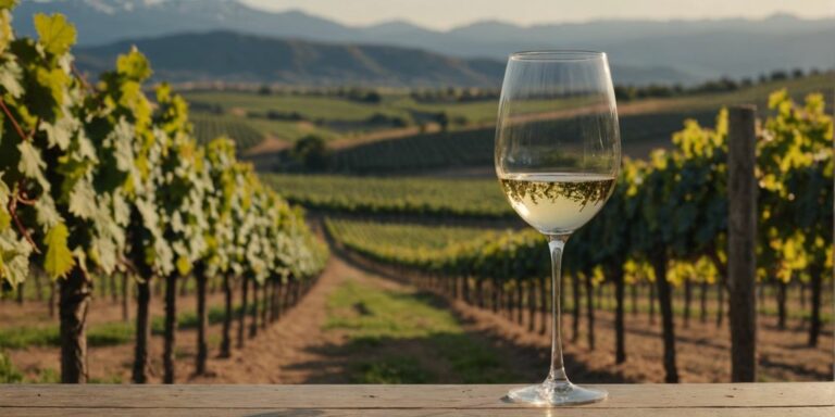 Torrontés wine glass with Argentine vineyard backdrop.